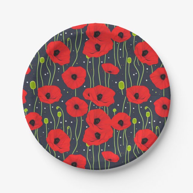 Prato De Papel Vibrant Modern Red Poppies Pattern Art (Frente)