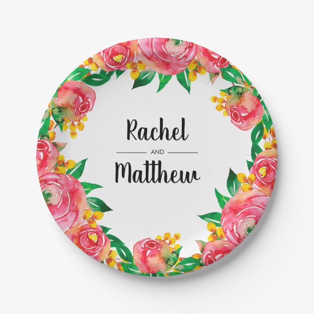 Prato De Papel Vibrante, Rosa Quente e Amarelo, Aquarela (Frente)