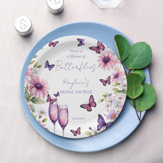 Prato De Papel Vida das borboletas chá de panela roxo (Lifetime of butterflies purple pink daisies champagne bridal shower printed paper plates table decor)