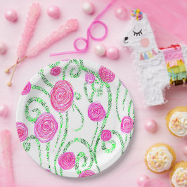 Prato De Papel Vinhas Verdes e Flores Rosa