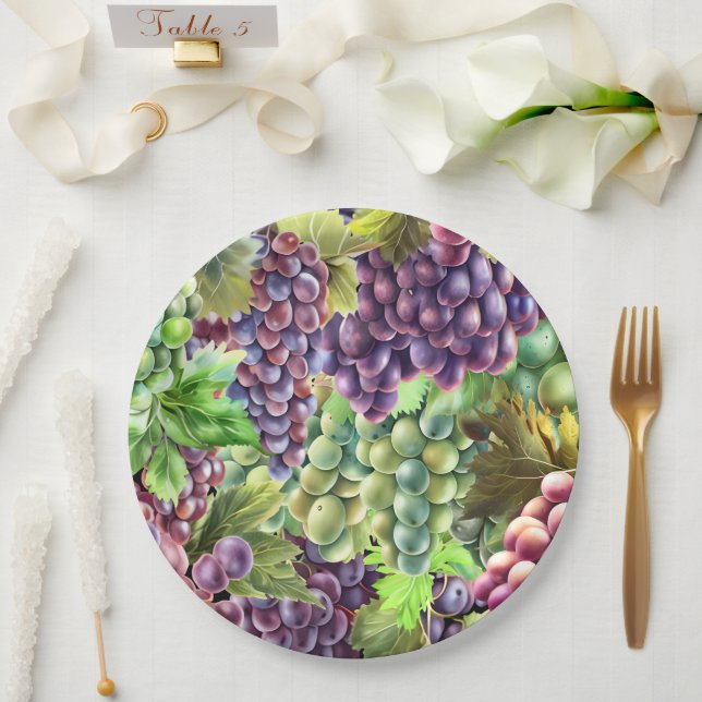 Prato De Papel Vinhos de uvas, verdes, cachos de videiras (Casamento)