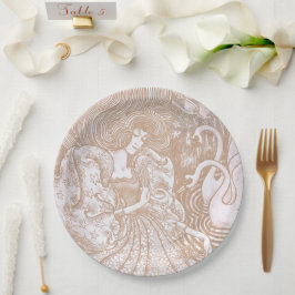 Prato De Papel Vintage Art Nouveau Cream Floral Woman & Swans