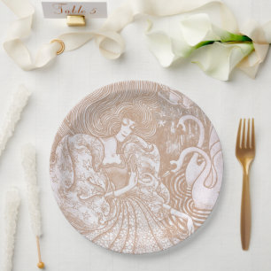 Prato De Papel Vintage Art Nouveau Cream Floral Woman & Swans