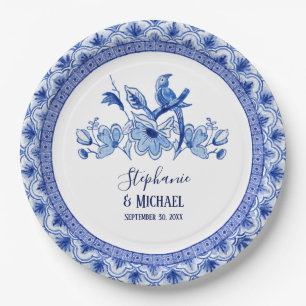 Prato De Papel Vintage Bird Chinoiserie Marinho Bl Floral Waterco