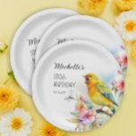 Prato De Papel Vintage Birds Canaries Flores 100º Aniversário<br><div class="desc">Bonito vintage 100ª placa de papel personalizada de festa de aniversário com um canário amarelo cantando nos ramos de uma árvore florescendo com flores de primavera. Personalizada com o nome da convidada de honra, sua idade e seu encontro de festas. Entre em contato comigo para obter assistência com suas personalizações...</div>