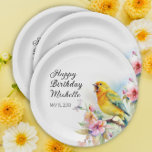 Prato De Papel Vintage Birds Canaries Flores Feliz Aniversário<br><div class="desc">Bonito festa de aniversário de papel personalizado "Feliz aniversário" com um canário amarelo cantando nos ramos de uma árvore florescendo com flores de primavera. Personalizada com o nome da convidada de honra em uma letra elegante, junto com a data do seu partido. Entre em contato comigo para obter assistência com...</div>