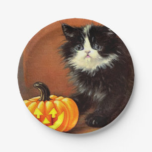 Prato De Papel Vintage Black and White Halloween Kitten