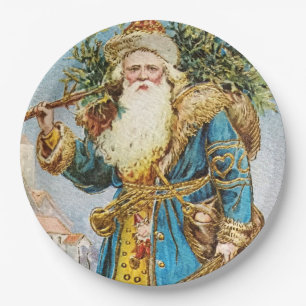 Prato De Papel Vintage Blue Casaco Santa Claus com Árvore de Nata
