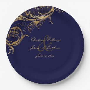 Prato De Papel Vintage Blue Floral Dourado Casamento de Script de