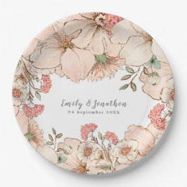 Prato De Papel Vintage Blush Pink Cream Nome Floral Data Casament