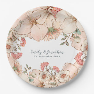 Prato De Papel Vintage Blush Pink Cream Nome Floral Data Casament