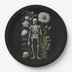 Prato De Papel Vintage boho mágico esqueleto floral em preto