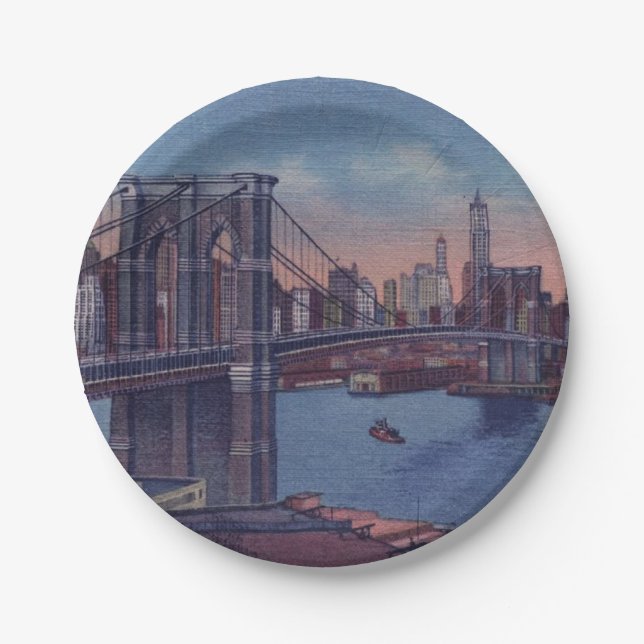 Prato De Papel Vintage Brooklyn Bridge Art Painting (Frente)
