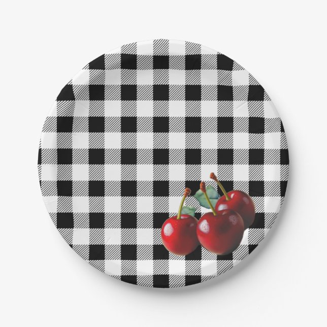Prato De Papel Vintage Cherries black white gingham (Frente)