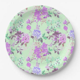 Prato De Papel Vintage Chintz Floral Pattern Mint Green Purple