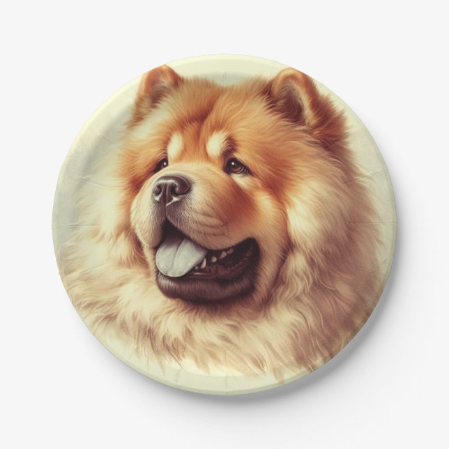 Prato De Papel Vintage Chow-Chow Painting (Frente)