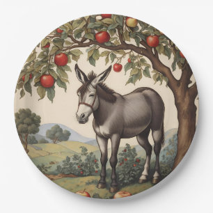 Prato De Papel Vintage Donkey Sob Uma Árvore De Maçã