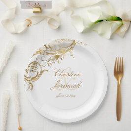 Prato De Papel Vintage Dourado Floral Damask Script Names Casamen