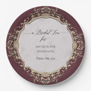 Prato De Papel Vintage Elegant Rococo Wine e Dourada Bridal Tea