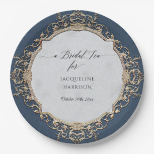Prato De Papel Vintage Elegante Barroco Marinho Azul Dourado Chá 