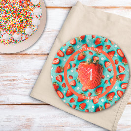 Prato De Papel Vintage Floral Berry First Strawberry Aniversário