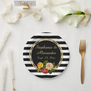 Prato De Papel Vintage Floral Black and White Stripe Personalizad