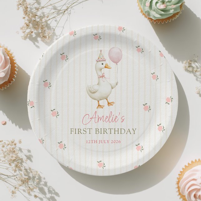 Prato De Papel Vintage Goose First Birthday  (Criador carregado)