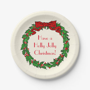 Prato De Papel Vintage Green Christmas Holly Wreath com Arco verm