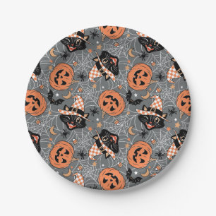 Prato De Papel Vintage Halloween Cats e Pumpkins Patterno