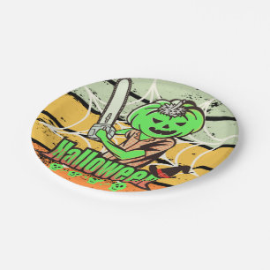 PRATO DE PAPEL VINTAGE HALLOWEEN PUMPKIN COM CHAINSAME E SKULL
