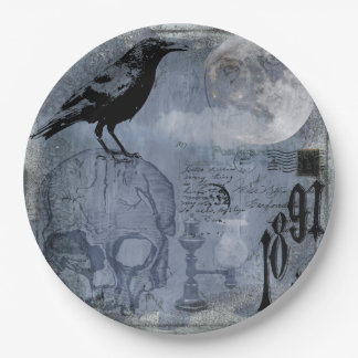 Prato De Papel Vintage Halloween Skull and Crow