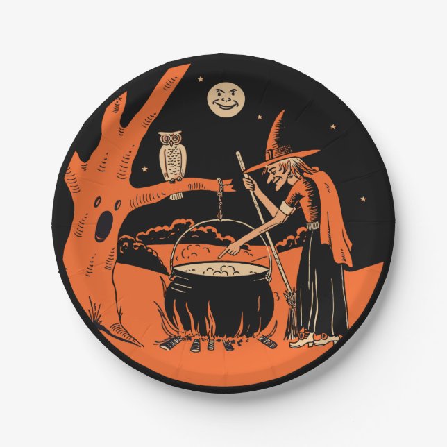 Prato De Papel Vintage Halloween Witch e Cauldron (Frente)