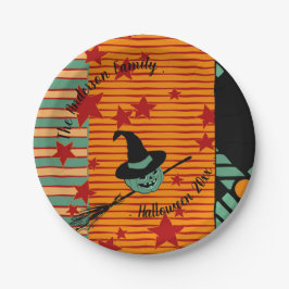 Prato De Papel Vintage-Inspired Dusty Teal Retro Pumpkin & Witch