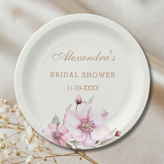 Prato De Papel Vintage Ivory Floral Pink Roses Bridal Shower