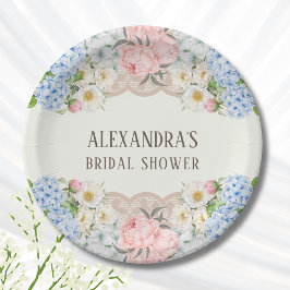 Prato De Papel Vintage Ivory Peony Blue Hydrangea Bridal Shower