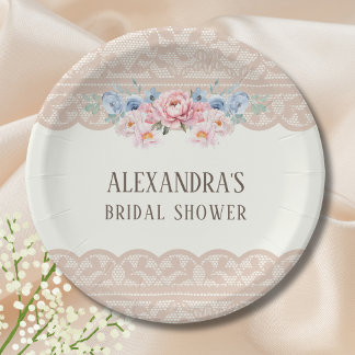 Prato De Papel Vintage Ivory Pink Floral Lace Bridal Shower