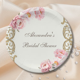 Prato De Papel Vintage Ivory Pink Peony Bridal Shower