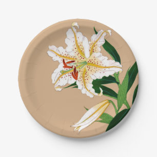 Prato De Papel Vintage, Liliy Japonês. Branco, Verde e bege