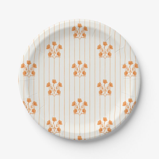 Prato De Papel Vintage Orange Flower Stripes (Frente)