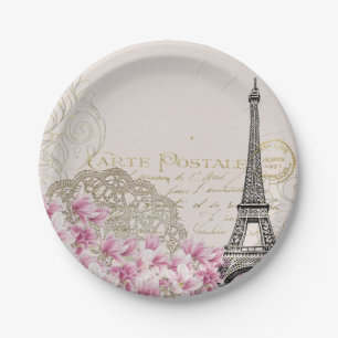 Prato De Papel Vintage Paris Eiffel Tower Floral Art Illustration