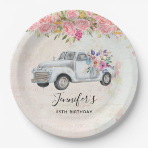 Prato De Papel Vintage Pickup Truck Rustic Watercolor Aniversário