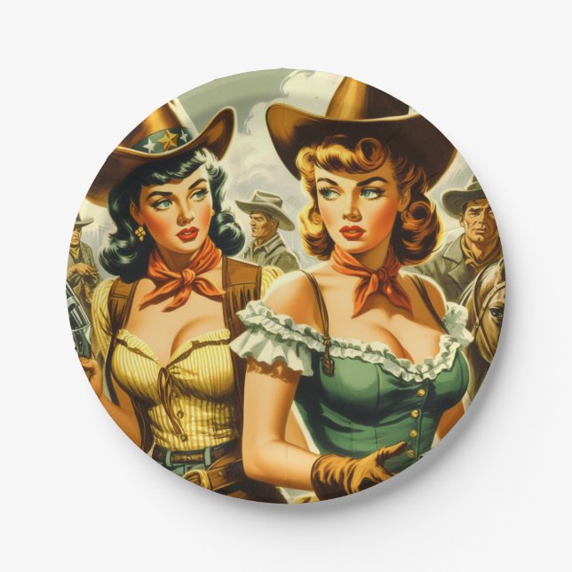 Prato De Papel Vintage Pin-up Cowboys (Frente)