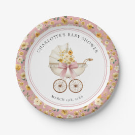 Prato De Papel Vintage Pink Baby Carriage Floral Baby Shower