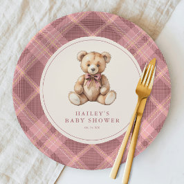 Prato De Papel Vintage Pink Tartan Teddy Bear Baby Shower