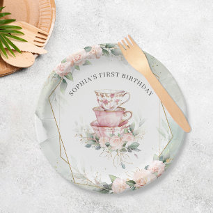 Prato De Papel Vintage Pink Watercolor Tea Party - primeiro anive