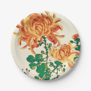 Prato De Papel Vintage - Pintura Japonesa de Chrysanthemums