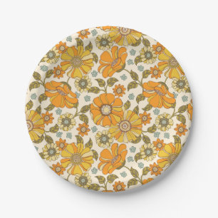 Prato De Papel Vintage Retro Orange Floral Patterno