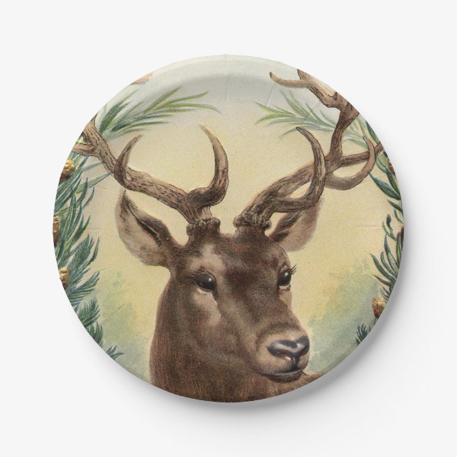 Prato De Papel Vintage Retro Reindeer Deer Christmas (Frente)