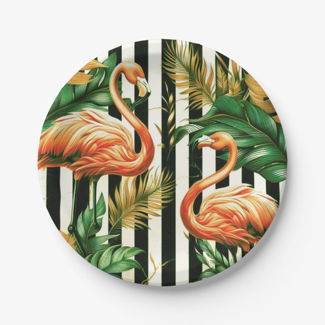 Prato De Papel Vintage Retro Stripes Flamingo (Frente)