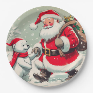 Prato De Papel Vintage Santa and Bear Christmas Paper Plates